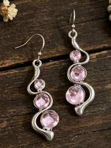 1 Pair New Bohemian Creative Curved Wave Inlaid Aquamarine Cat's Eye Stone Exquisite Earrings - Pink - View 2