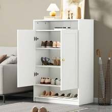Flieks Modern Shoe Cabinet, With Adjustable Shelves, Gold Handles, 2-Door Shoe Dresser, White, B73/D34/H109 - White 1Pc - View 2