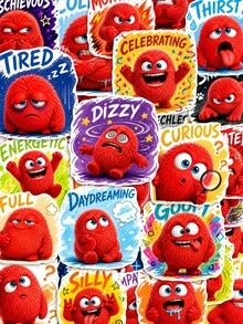 50Pcs What Mood Monster Today PP Stickers, Plush‑Textured Red Little Monster Illustrations With Various Mood English Words, For Journal Collage, Notebook, Storage Box, Luggage, Skateboard, Helmet, Computer DIY Decor - Multicolor - View 9