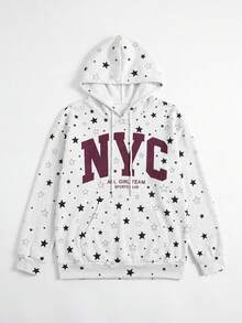 1 chiếc áo nỉ nữ in sao và chữ NYC, vai trễ, dây rút, dáng rộng thoải mái, phong cách đường phố Y2K, thu/đông, đi học - trắng - Xem 3