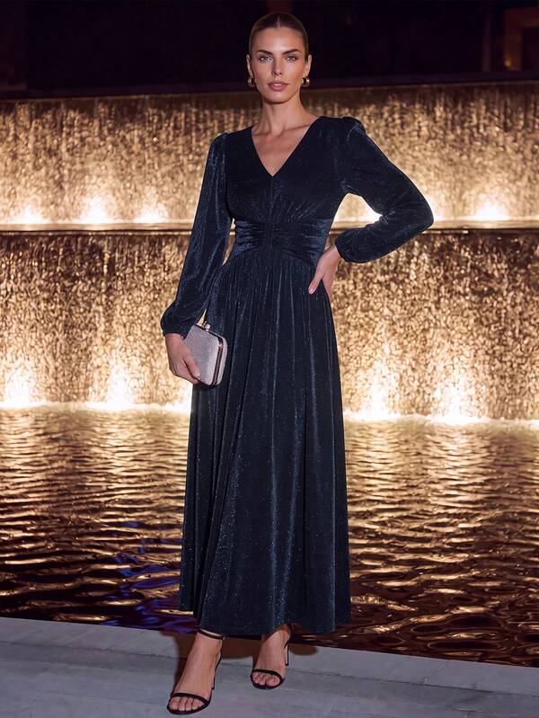 EVERPRETTY Elegant Women's Long Sleeve V-Neck Formal Evening Gown, Puff Sleeves, High Waist Design, High Elastic Fabric, Charming Flared Skirt Evening Dress