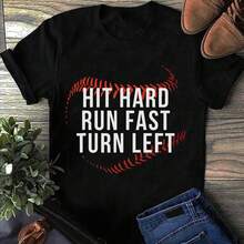 Hit Hard Run Fast Turn Left Baseball Player Fan Baseball T Shirt, Baseball Mom Tee, Baseball Sports, Baseball Player, Gift Baseball Lover - 黑色 - 查看 1