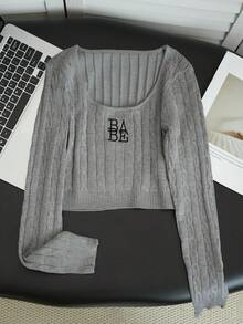 2026 Autumn/Winter Women's Black Ribbed Top, Casual Sweet "BABE" Embroidered Wide Strap Fitted Long Sleeveless Shirt, Suitable For Spring Daily Wear, Dating And Shopping - Gray - View 8