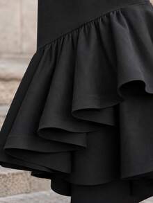 Trending 2026 Summer Short Sleeve Round Neck Ruched Bodycon High‑Low Ruffle Midi Dress, Elegant Cocktail Evening Gown For Wedding Guest & Date Night - Black - View 11