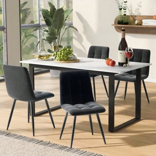 Dining Set (Set, 140/180*80*75cm Dining Table With 4 Chairs), Modern Kitchen Table Set, Dining Chair In Grey Velvet, MDF Tabletop In White, Black Table Legs - White - View 1
