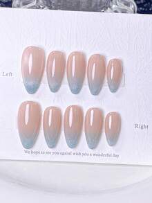 10pcs Kuku Tempel Almond Buatan Tangan dengan Set Lengkap Alat Manikur, Kuku Rhinestone Gradien Nude ke Biru, Dasar Nude dengan Gradien ke Bawah ke Biru Es, Dihiasi dengan Bubuk Rhinestone Glitter Halus di Ujungnya, Gaya Pulau Transparan, Tekstur Berkilau dan Lembut, Lembut dan Segar, Menawan untuk Tangan, Serbaguna untuk Pemakaian Sehari-hari dan Acara Luar Ruangan, Dapat Digunakan Kembali - Mint Blue - View 2