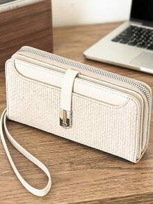 Women's Mini Handheld Phone Wallet, Exquisite Snap Closure, Colorblock Patchwork, Soft PU Long Wallet, Multi-Functional Large Capacity Card Holder, Zipper Coin Purse, Lightweight And Fashionable - Beige - View 1
