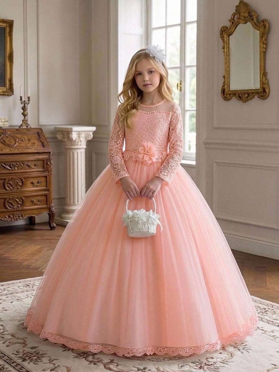 Tween Girl Lace Puff Princess Tulle Elegant Long Dress, Suitable For Prom, Headband Not Included - Baby Pink - View 1