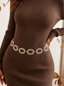1pc Western Belt Vintage Women's Carved Buckle Black Textured Metal Waist Chain For Western Style Jeans - Gold - View 1