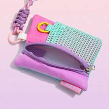 1pc Colorblock Mesh Mini Storage Bag With Adjustable Braided Lanyard, Portable Zipper Card Holder, Lightweight Polyester Key Pouch, Cute Floral Snap Wristlet, Women's Daily Travel Accessory Organizer, Suitable As A Gift - Multicolor - View 5