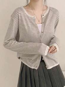Jaket Kardigan Rajut Bergaris Wanita, Desain Baru Gaya Niche, Sweater Lengan Panjang Leher Bulat Tipis, Patchwork Acak Musim Gugur - Aprikot - View 1