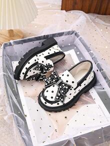 Girls' Polka Dot Loafers 2026 Spring/Autumn New Black & White Color Block Hook & Loop Soft Sole Fashion Casual Slip-On Shoes - White - View 5