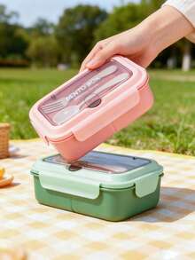 1 Peça Peça Caixa Bento, 3 Compartimentos, Recipiente de Almoço à Prova de Vazamento com Colher e Garfo, Caixa de Armazenamento de Alimentos Portátil e Leve, Adequada para Estudantes e Trabalhadores de Escritório, Especialmente para Preparação de Refeições de Perda de Peso, Piquenique Escolar, Viagem e Essenciais de Volta às Aulas - Multicolorido - Visão 4