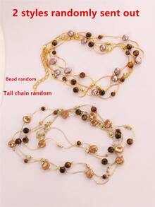 1pc Amber Color Tiger Eye Stone & Faux Pearl Long Necklace, Multi-Wear Beaded Necklace, Fashion Jewelry - Multicolor - View 5