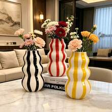 1pc Rustic Ceramic Vase - 1pc Asymmetrical Gourd-Shaped Striped Abstract Vase, Suitable For Fresh Flowers | Countertop And Living Room Shelf Decor - Ideal Valentine's Day And Mother's Day Gift - Multi-color - View 3