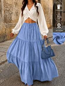 EARO Women's Long Layered Skirt, Drawstring Waist, Casual Fabric, Non-Stretch, Suitable For Daily Wear Spring - Sky Blue - View 1