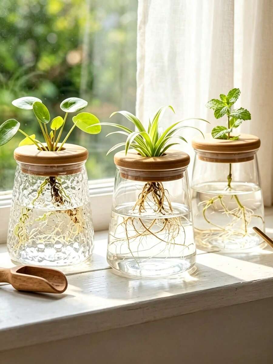 Transparent Glass Hydroponic Vase, Geometric Shaped Vase With Wooden Lid Planter, Desktop Air Purifying Succulent Plant Pot - Multicolor - View 1