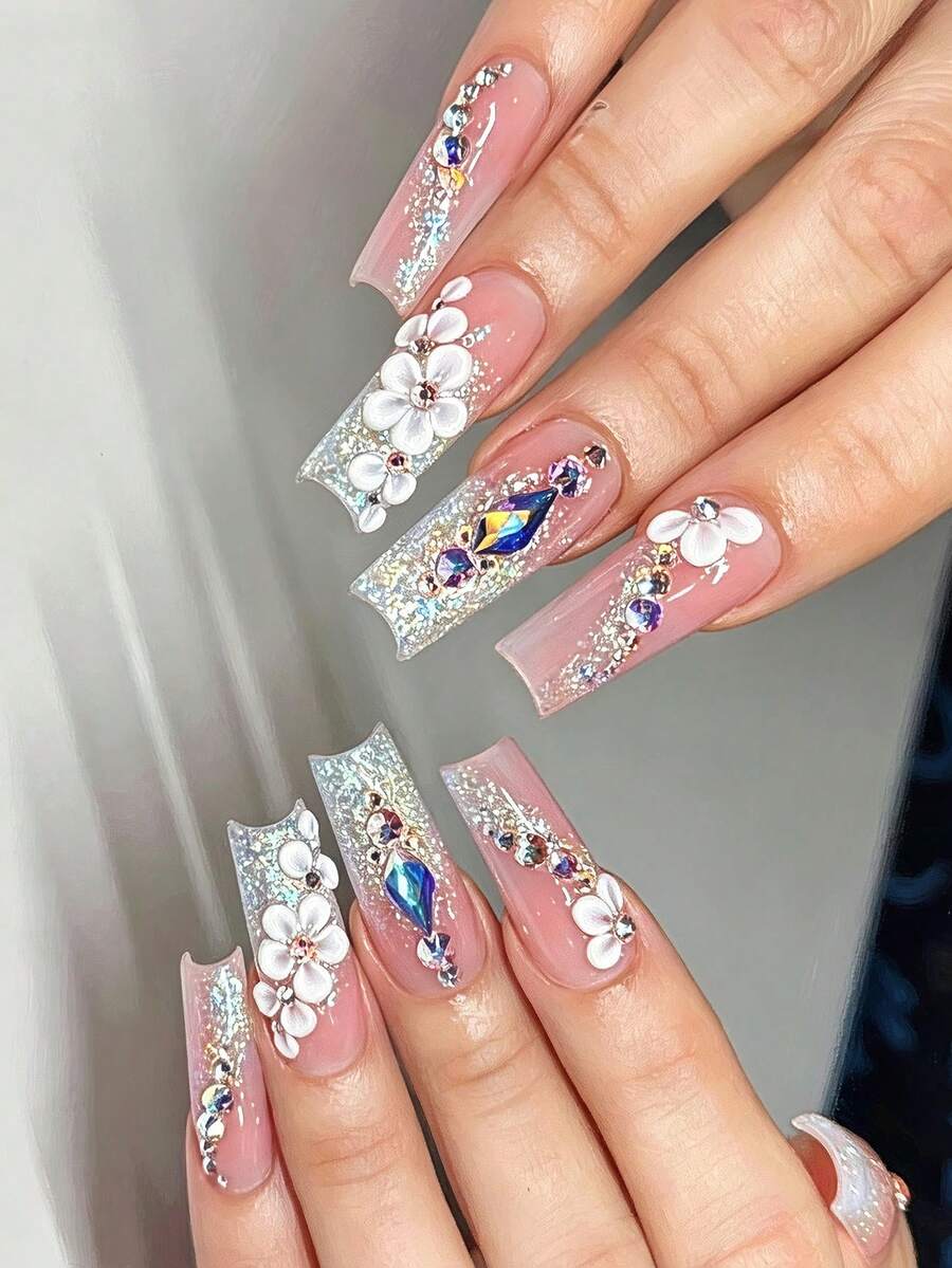 24PCS Long Square Press On Nails, Sheer Nude Base With Iridescent Glitter French Tips, 3D White Hand-Sculpted Flowers, Shiny Teardrop & Round AB Rhinestone Inlay. Elegant Luxury Reusable False Nails Suitable For Wedding, Party - Multicolor - View 1