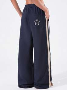 KyrLssu Side Stripe Star Embroidery Wide Leg Sweatpants, Elastic Drawstring High Waist Athletic Long Pants - Navy Blue - View 6
