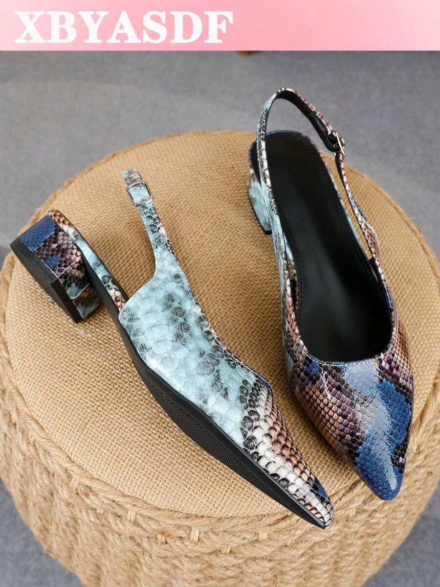 XBYASDF 2026新款女款藍色蛇紋尖頭後扣粗跟高跟鞋，時尚單條帶3cm高跟涼鞋，適合通勤與約會 - 藍色 - 查看 1