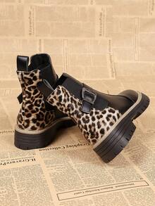 Fashion Leopard Print Patchwork Slip-On Buckle Women's Ankle Boots, Autumn/Winter New Slip-On Classic American Style Boots - Black - View 2