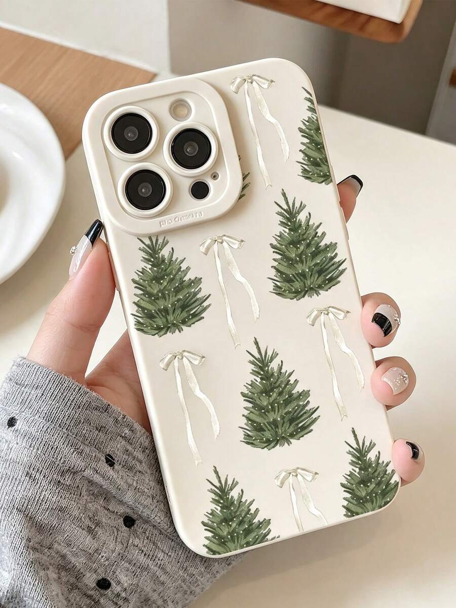 1pc Sweet Girl Style Christmas Theme Phone Case, Light White Background, Green Christmas Tree Pattern, White Ribbon Print Design, Soft TPU Material, Lightweight Protective Phone Case, Suitable For IPhone18 18Pro 18Promax 17 17Pro 17Promax 16 16Promax 15 14 13 12 11 And Other Models, Suitable For Daily Use And Christmas Party Occasions - Beige - View 1