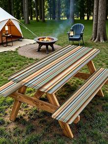 3 Pieces Picnic Tablecloth Set With Bench Cover, Elastic Edge Design, Striped Pattern, Washable Rectangular Tablecloth, Suitable For Weddings, Camping, Picnics, Garden Parties And More, Practical Essential - E - View 2