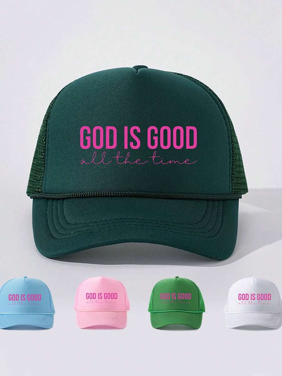 1件中性款「God Is Good All The Time」印花卡車司機帽,休閒網格棒球帽,透氣可調節,適合戶外日常配戴 - 彩色 - 查看 1