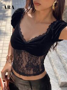ARA CHIC Women Off Shoulder Velvet Lace Crop Top, Black Fall Puff Sleeve Sheer Fitted Top For Nightclub Halloween Holiday Party - Black - View 4