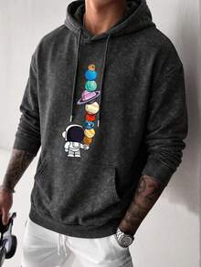 Áo hoodie nam mài rách giặt wash, in hành tinh phi hành gia, túi kangaroo, áo nỉ chui đầu dây rút phong cách vintage casual, thu/đông - màu đen - Xem 6