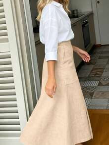 Women's Elegant Casual Solid Color Pocket Front Slit Minimalist Everyday Skirt - Apricot - View 2