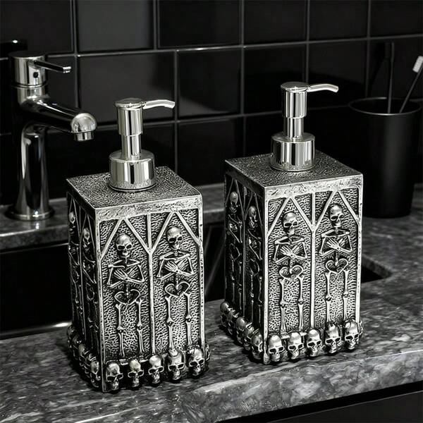 1pc Silver & Black 3D Skeleton Carved Soap Dispenser, Vintage Dark Style Bathroom Washroom Dispenser Bottle, Unique Bar Hand Wash Sink Decoration, Creative Desktop Decor Storage Pump Lotion Bottle