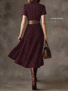 Printed Lapel Women's Dress, Summer Vintage Elegant Commute Puff Sleeve A-Line Midi Dress - Burgundy - View 7