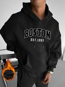 American BOSTON Letter Print Thermal Lined Hoodie, Men's Vintage Collegiate Style Pullover Sweatshirt - Black - View 2