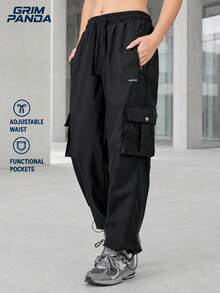 GRIM PANDA Women Fall Cargo Pants Adjustable Drawstring Waist Functional Pockets Adjustable Cuffs Wide Leg Casual Hiking Travel Outdoor Sports Black - Black - View 3