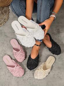 Gentle Lace Floral Bow Closed-Toe Slippers, Girly Breathable Mesh Flat Sandals For Home And Outdoor Wear - Beige - View 7