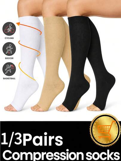 1/3 Pair Open Toe Knee High Compression Socks, Pressure Support Socks, Suitable For Men And Women, Ideal For Nurses, Pregnant Women, Office Workers, Suitable For Running, Cycling, Soccer, Basketball, Long-Distance Flights, Sports Fitness And Daily Wear