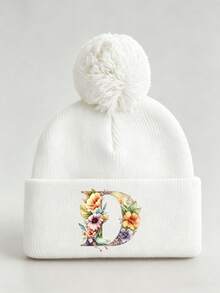 1pc Baby Beanies Boy Girls White Pom-Pom Cap With A-Z Letter Colorful Floral Hat For Boys And Girls Ages 0-8Y, For Hat Accessories Winter Warm Hat - Multicolor - View 34