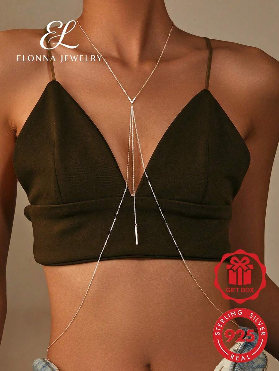 SYMFNY 1件 925純銀鋯石V型吊墜,短版上衣風格身體鍊/腰鍊,女性海灘度假比基尼配件 - 銀色 - 查看 1