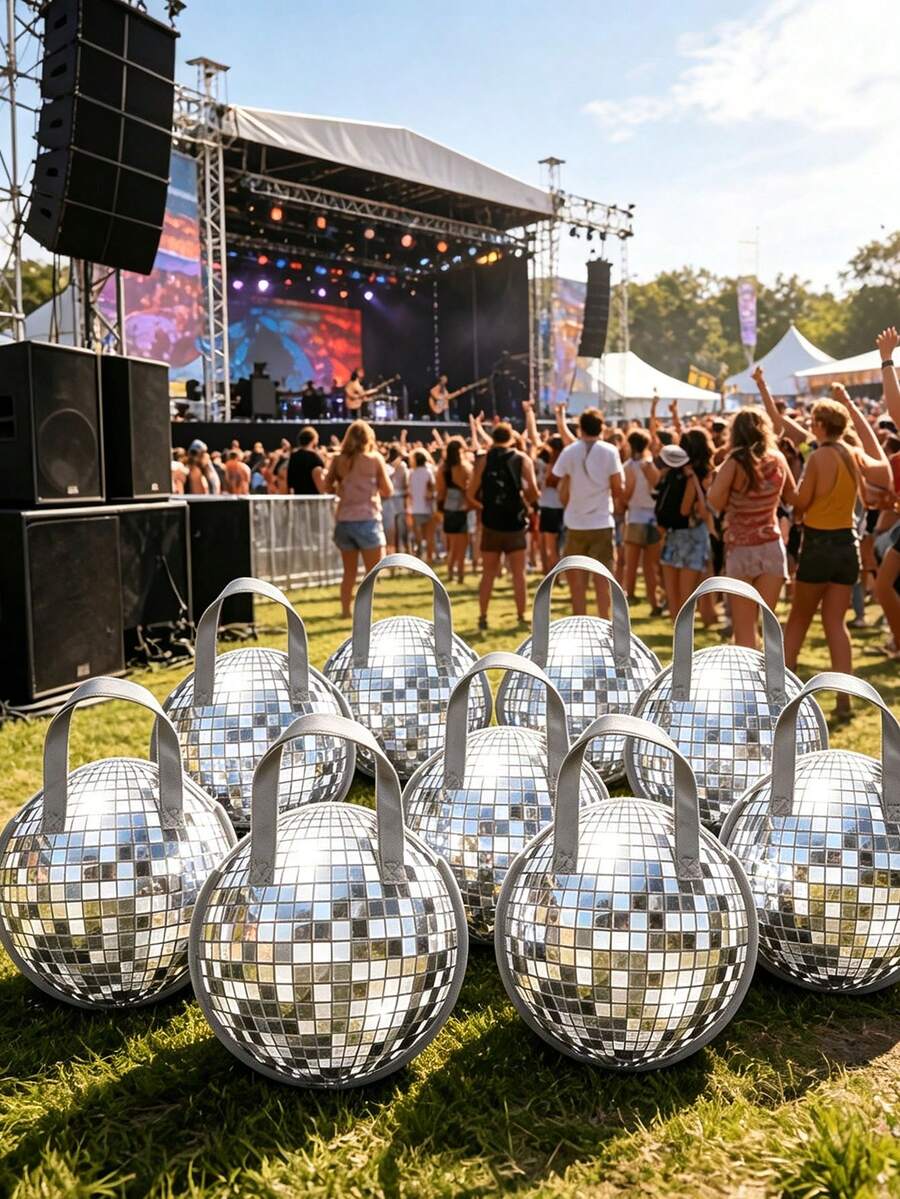 Disco Ball Design Tote Storage Bag, Retro 70s Theme Party Handbag, Silver Mirror Ball Pattern Round Handle Portable Bag, Reusable Portable Storage Bag, Suitable For Nightclub, Birthday, Bachelorette Party Decoration - Multicolor - View 1
