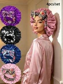4pcs Women's Floral Print Bow Decor Satin Hair Caps, Soft Elastic Band, Silky Hair Protection Night Caps, Suitable For Daily Home Use - Multicolor 4pcs - View 29