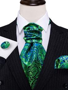 5pcs Men's Green Paisley Jacquard Necktie Pocket Square Cufflinks Ring Tie Clip Set, Random Cufflinks Pattern, Wedding Formal Suit Accessories - Green - View 3