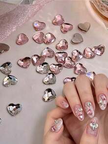 Approx. 20pcs Random Mixed Multi-Color Heart-Shaped Flat Back Rhinestones, Including Light Pink And Transparent Iridescent Tones, Heart-Shaped 3D Faceted Design, Finely Cut And Transparent, Able To Reflect Brilliant Luster, Flat Bottom For Easy Adhesion, Exquisite And Versatile Style, Suitable For Various Handmade Accessories Decoration - Multicolor - View 1