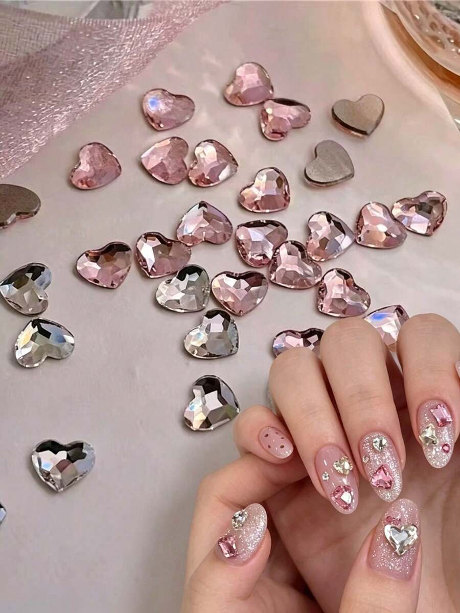 Approx. 20pcs Random Mixed Multi-Color Heart-Shaped Flat Back Rhinestones, Including Light Pink And Transparent Iridescent Tones, Heart-Shaped 3D Faceted Design, Finely Cut And Transparent, Able To Reflect Brilliant Luster, Flat Bottom For Easy Adhesion, Exquisite And Versatile Style, Suitable For Various Handmade Accessories Decoration - Multicolor - View 1