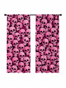 2PCS, Pink Skull Print Curtains, Dark Sweet Cool Style, Halloween Party Home Decor Fabric Curtains - Multicolor - View 9