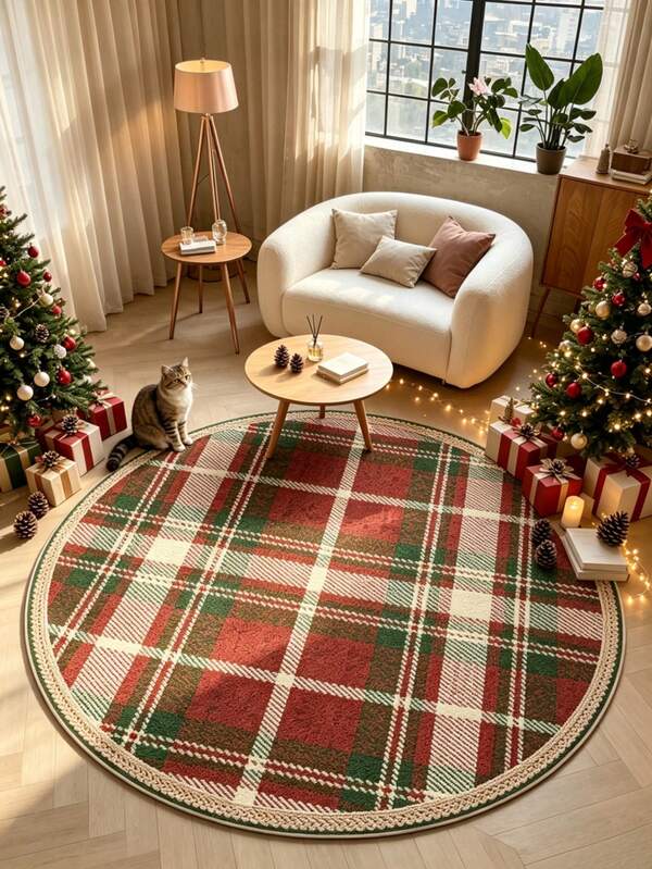 1pc Red And Green Plaid Christmas Style Rug, Autumn/Winter Area Carpet, Living Room Area Rug, Small Area Rug, Home Decor, Round Rug, Room Decor, Washable Carpet, Christmas Gift