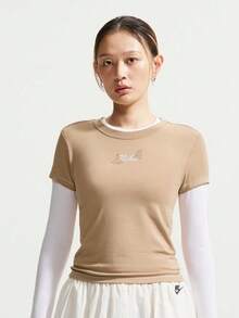 Nike Women's AS W NSW NK CHLL KNT MD CRP Short Sleeve Knit Collarless T-Shirt TIW1214-242 - Mocha Brown - View 1