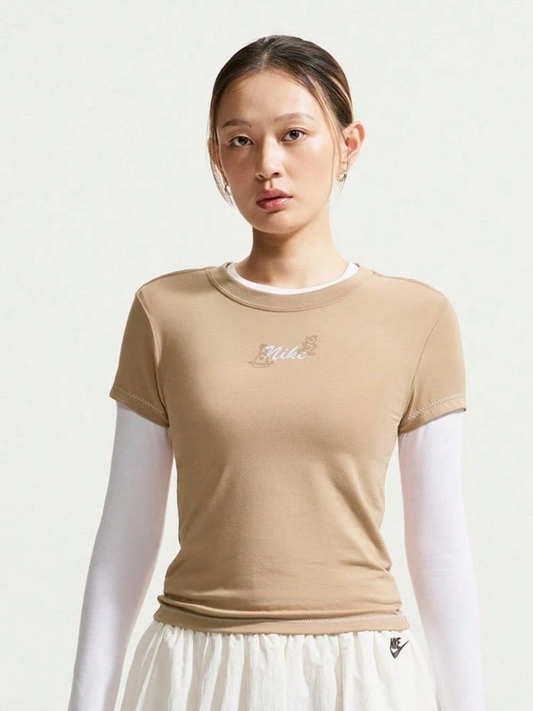 Nike Women's AS W NSW NK CHLL KNT MD CRP Short Sleeve Knit Collarless T-Shirt TIW1214-242 - Mocha Brown - View 1
