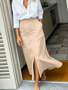 Women's Elegant Casual Solid Color Pocket Front Slit Minimalist Everyday Skirt - Apricot - View 3