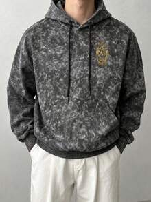 Men's Gold Artistic Pattern Hoodie, Casual Loose Fit Washed Pullover Sweatshirt - Black - View 2